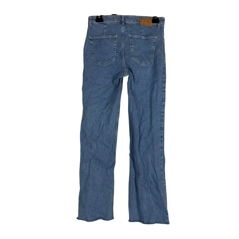 Bershka Flare Jeans Womens 6 Blue Light Wash High Rise Split Hem Stretch Denim